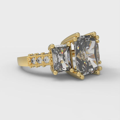 4.27 cttw White Sapphire Three-Stone Engagement Ring - Solid Gold (Emerald Cut,9x7mm)
