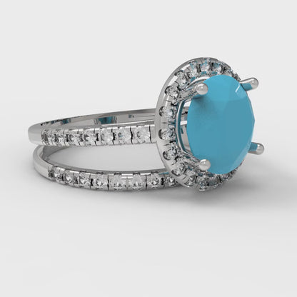 2.52 cttw Round Cut Simulated Turquoise Bridal Set - Solid White Gold Engagement Ring & Wedding Band