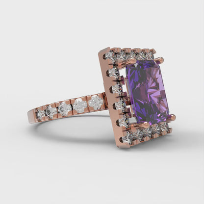 3.84 cttw Simulated Alexandrite Solitaire with Zirconia Simulated Diamond Accents Engagement Ring - Solid Rose Gold (VVS1, Emerald Cut,9x7mm)
