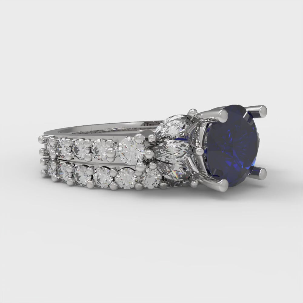 2.94 cttw Round Cut Simulated Blue Sapphire Bridal Set - Solid White Gold Engagement Ring & Wedding Band