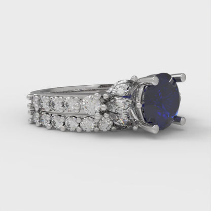 2.94 cttw Round Cut Simulated Blue Sapphire Bridal Set - Solid White Gold Engagement Ring & Wedding Band