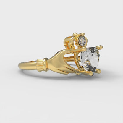 1.06 ct Brilliant Heart Cut Genuine Cultured Diamond Stone Clarity VS1-2 Color G-H Yellow Gold Solitaire Claddagh Ring