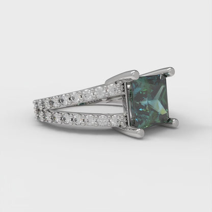 2.48 cttw Blue Moissanite Solitaire with Zirconia Simulated Diamond Accents Engagement Ring - Solid Gold (Princess Cut,7.0mm)