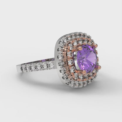 1.615 cttw Simulated Alexandrite Solitaire with Zirconia Simulated Diamond Accents Engagement Ring - Solid White/Rose Gold (VVS1, Round Cut,6.5mm)