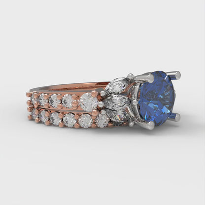 2.94 cttw Round Cut Simulated Tanzanite Bridal Set - Solid Rose/White Gold Engagement Ring & Wedding Band