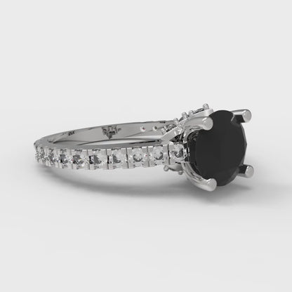 1.465 cttw Natural Onyx Solitaire with Zirconia Simulated Diamond Accents Engagement Ring - Solid White Gold (VVS1, Round Cut,6.5mm)