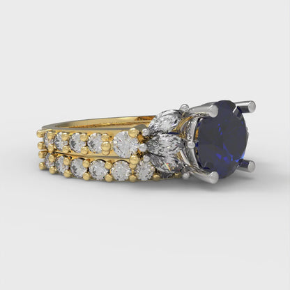 2.94 cttw Round Cut Simulated Blue Sapphire Bridal Set - Solid Yellow/White Gold Engagement Ring & Wedding Band