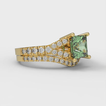 3.4 cttw Princess Cut Simulated Green Diamond Bridal Set - Solid Yellow Gold Engagement Ring & Wedding Band