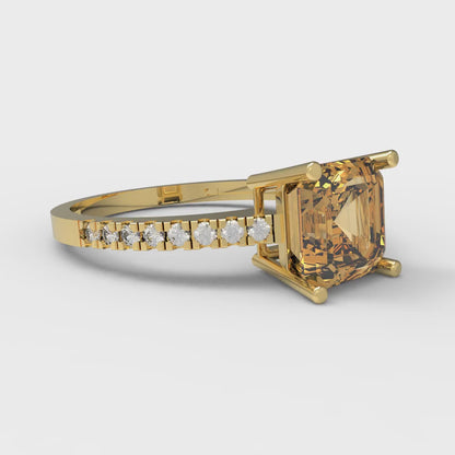 2.7 cttw Zirconia Simulated Champagne Diamond Solitaire with Zirconia Simulated Diamond Accents Engagement Ring - Solid Gold (VVS1, Asscher Cut,6.5mm)