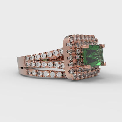 3.05 cttw Emerald Cut Simulated Emerald Bridal Set - Solid Rose Gold Engagement Ring & Wedding Band