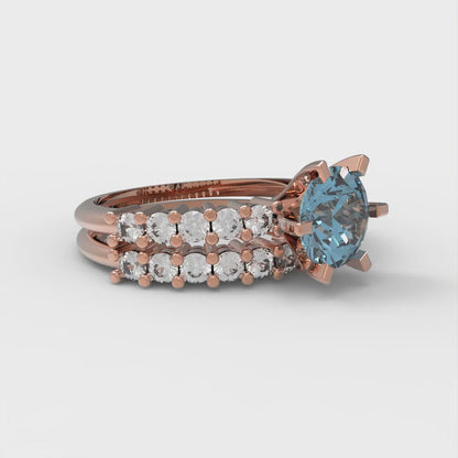 1.66 cttw Round Cut Natural Aquamarine Bridal Set - Solid Rose Gold Engagement Ring & Wedding Band