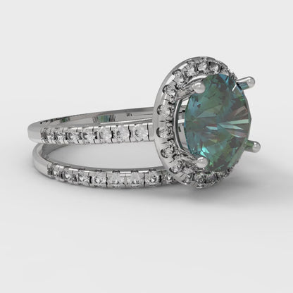 2.52 cttw Round Cut Blue Moissanite Bridal Set - Solid White Gold Engagement Ring & Wedding Band