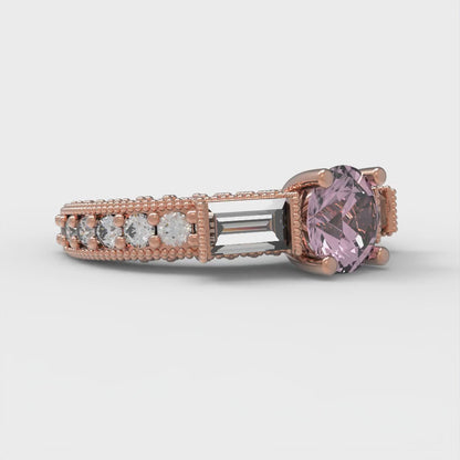 2.33 cttw Zirconia Simulated Pink Diamond Three-Stone Engagement Ring - Solid Rose Gold (VVS1, Round Cut,6.5mm)