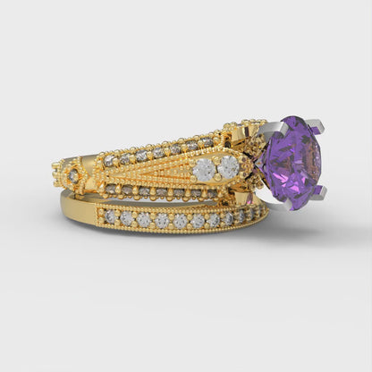 2.095 cttw Round Cut Simulated Alexandrite Bridal Set - Solid Yellow/White Gold Engagement Ring & Wedding Band