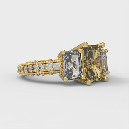 3.61 cttw Natural Citrine Three-Stone Engagement Ring - Solid Gold (Emerald Cut,8x6mm)