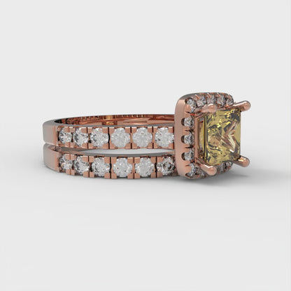 1.56 cttw Princess Cut Simulated Yellow Diamond Bridal Set - Solid Rose Gold Engagement Ring & Wedding Band