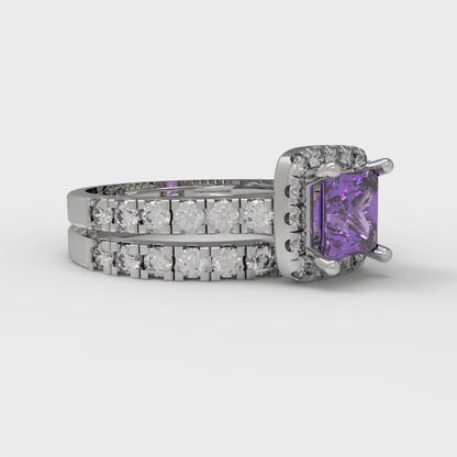 1.56 cttw Princess Cut Simulated Alexandrite Bridal Set - Solid White Gold Engagement Ring & Wedding Band