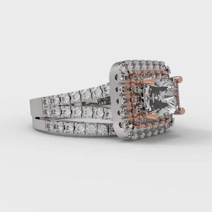 3.05 cttw Emerald Cut Moissanite Bridal Set - Solid White/Rose Gold Engagement Ring & Wedding Band
