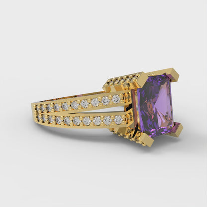 2.45 cttw Simulated Alexandrite Solitaire with Zirconia Simulated Diamond Accents Engagement Ring - Solid Yellow Gold (VVS1, Emerald Cut,8x6mm)