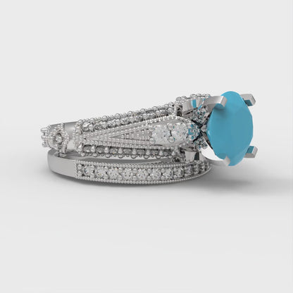 2.095 cttw Round Cut Simulated Turquoise Bridal Set - Solid White Gold Engagement Ring & Wedding Band