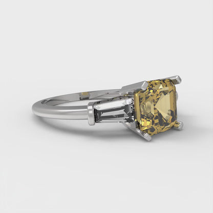 1.62 cttw Zirconia Simulated Yellow Diamond Three-Stone Engagement Ring - Solid Gold (VVS1, Square Emerald Cut,6.5X6.5mm)
