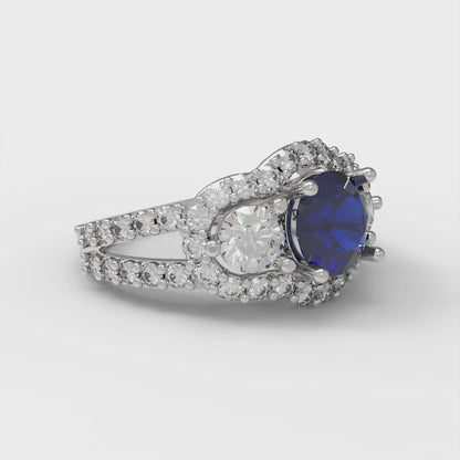 2.16 cttw Simulated Blue Sapphire Three-Stone Engagement Ring - Solid White Gold (VVS1, Round Cut,6.5mm)