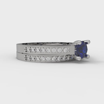 0.86 cttw Round Cut Simulated Blue Sapphire Bridal Set - Solid White Gold Engagement Ring & Wedding Band