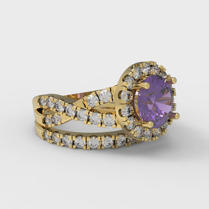 1.795 cttw Round Cut Natural Amethyst Bridal Set - Solid Yellow Gold Engagement Ring & Wedding Band