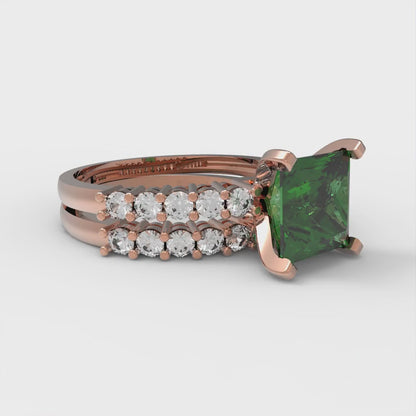 2.63 cttw Princess Cut Simulated Emerald Bridal Set - Solid Rose Gold Engagement Ring & Wedding Band