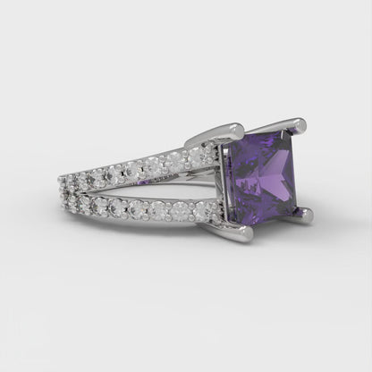 2.48 cttw Natural Amethyst Solitaire with Zirconia Simulated Diamond Accents Engagement Ring - Solid Gold (Princess Cut,7.0mm)