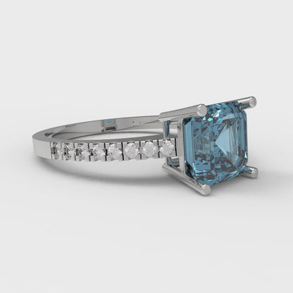 2.7 cttw Zirconia Simulated Blue Diamond Solitaire with Zirconia Simulated Diamond Accents Engagement Ring - Solid White Gold (VVS1, Asscher Cut,6.5mm)