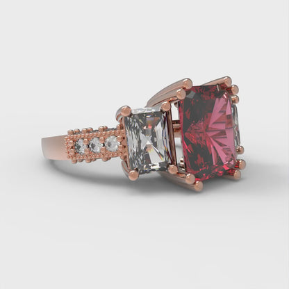 4.27 cttw Simulated Pink Tourmaline Three-Stone Engagement Ring - Solid Gold (Emerald Cut,9x7mm)