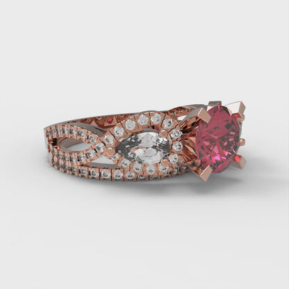 1.925 cttw Round Cut Simulated Pink Tourmaline Bridal Set - Solid Rose Gold Engagement Ring & Wedding Band
