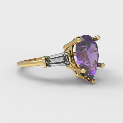 2.5 cttw Natural Amethyst Three-Stone Engagement Ring - Solid Gold (Pear Cut,10x7mm)