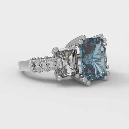 4.27 cttw Natural Swiss Blue Topaz Three-Stone Engagement Ring - Solid Gold (Emerald Cut,9x7mm)