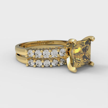 2.63 cttw Princess Cut Simulated Yellow Diamond Bridal Set - Solid Yellow Gold Engagement Ring & Wedding Band