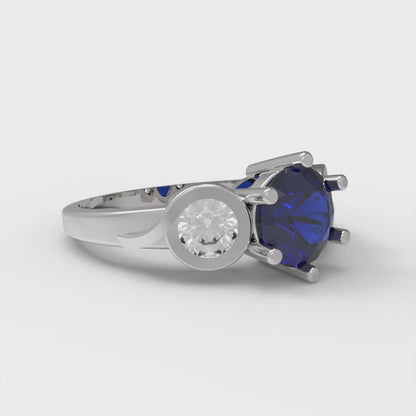 1.72 cttw Simulated Blue Sapphire Three-Stone Engagement Ring - Solid Gold (Round Cut,6.5mm)