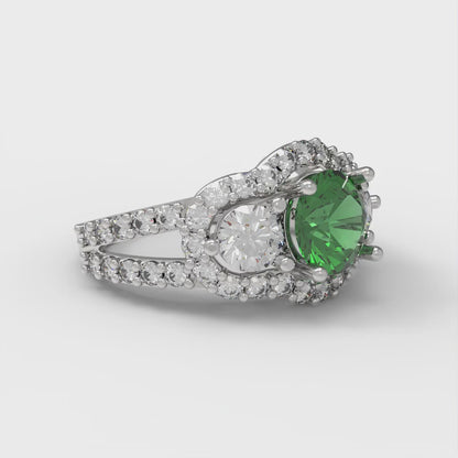2.16 cttw Simulated Emerald Three-Stone Engagement Ring - Solid White Gold (VVS1, Round Cut,6.5mm)