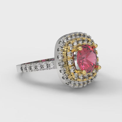 1.615 cttw Simulated Ruby Hidden Halo Engagement Ring - Solid White/Yellow Gold (VVS1, Round Cut,6.5mm)