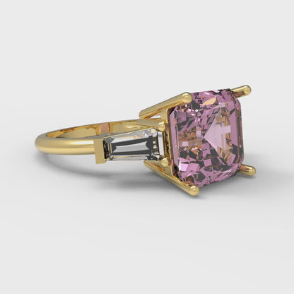 3 cttw Zirconia Simulated Pink Diamond Three-Stone Engagement Ring - Solid Gold (VVS1, Asscher Cut,8.0mm)