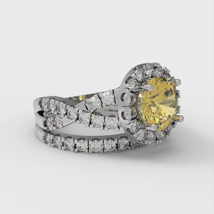 1.795 cttw Round Cut Natural Citrine Bridal Set - Solid White Gold Engagement Ring & Wedding Band