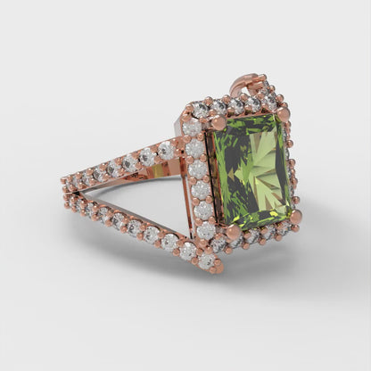 1.935 cttw Natural Peridot Solitaire with Zirconia Simulated Diamond Accents Engagement Ring - Solid Gold (Emerald Cut,7.5x5.5mm)