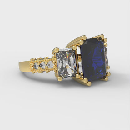 4.27 cttw Simulated Blue Sapphire Three-Stone Engagement Ring - Solid Gold (Emerald Cut,9x7mm)