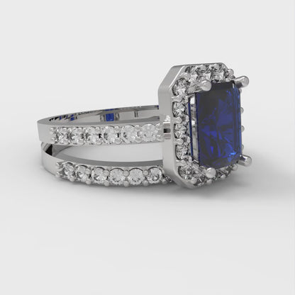 1.92 cttw Simulated Blue Sapphire Solitaire with Zirconia Simulated Diamond Accents Engagement Ring - Solid Gold (Emerald Cut,7.5X5.5mm)