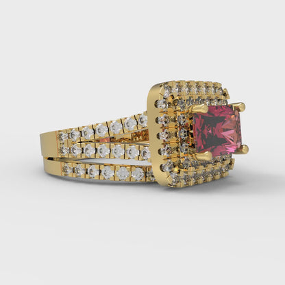 3.05 cttw Emerald Cut Simulated Ruby Bridal Set - Solid Yellow Gold Engagement Ring & Wedding Band