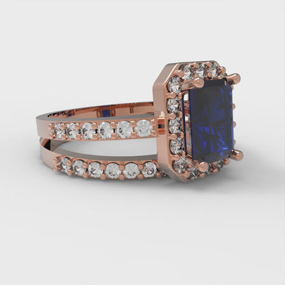 1.92 cttw Simulated Blue Sapphire Solitaire with Zirconia Simulated Diamond Accents Engagement Ring - Solid Gold (Emerald Cut,7.5X5.5mm)