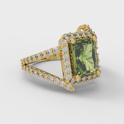 1.935 cttw Natural Peridot Solitaire with Zirconia Simulated Diamond Accents Engagement Ring - Solid Gold (Emerald Cut,7.5x5.5mm)
