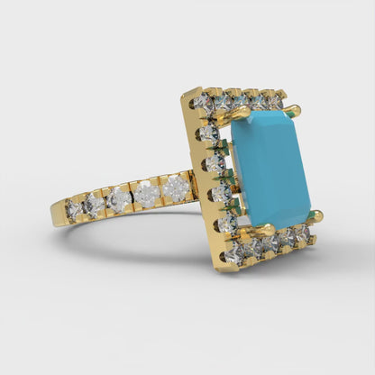 3.84 cttw Simulated Turquoise Solitaire with Zirconia Simulated Diamond Accents Engagement Ring - Solid Gold (Emerald Cut,9x7mm)