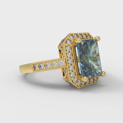 2.78 cttw Natural Sky Blue Topaz Hidden Halo Engagement Ring - Solid Gold (Emerald Cut,8.5x6.5mm)