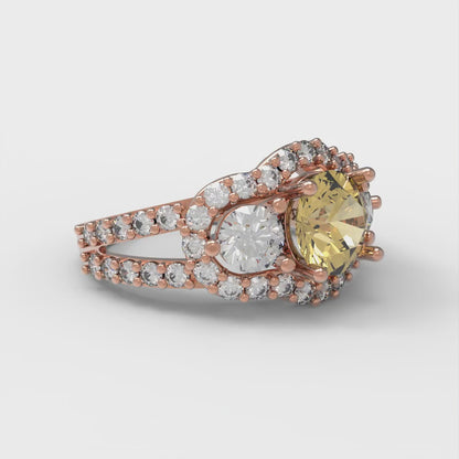 2.16 cttw Zirconia Simulated Yellow Diamond Three-Stone Engagement Ring - Solid Rose Gold (VVS1, Round Cut,6.5mm)